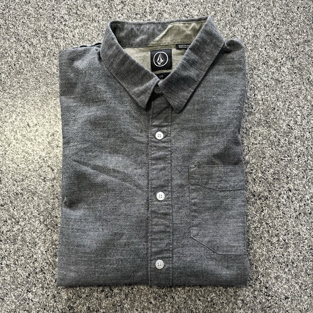 Volcom Shirt Mens L Solid Gray Long Sleeve Woven Button Up Down Flats